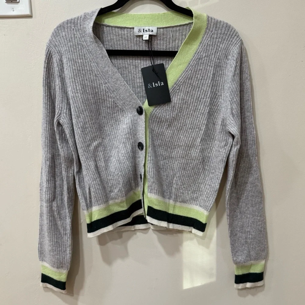 &Isla Stella Tipped Ribbed V-Cardigan- 100% Cashmere- Small- NWT- was $325